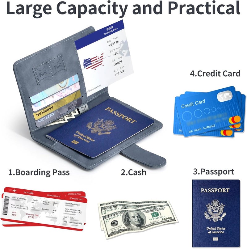 KAOBAN Passport Holder, Passport Cover with Credit Card Slot and Boarding Pass Slot Combo, Passport Wallet Case Book Travel Must Have, RFID Blocking Leather Travel Accessories, Navy Grey - Image 4